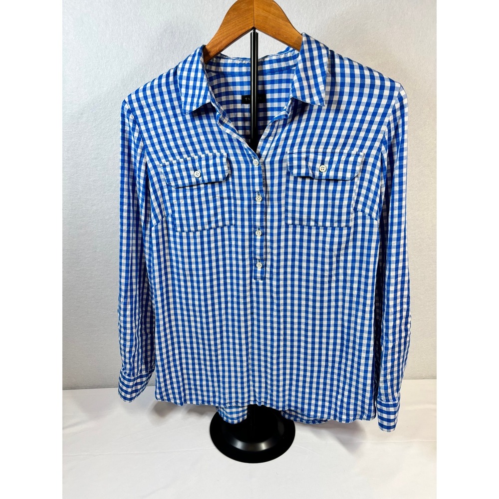 Talbots Womens Blue White Gingham Check Button‎ Front Roll Tab Sleeve Shirt S